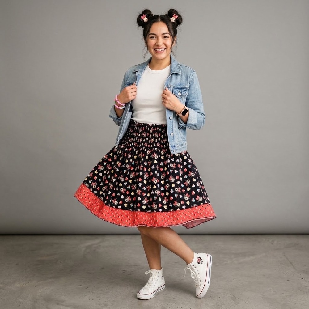Disney Minnie Mouse Smocked Tiered Skirt Black Red Bows Medium Womens